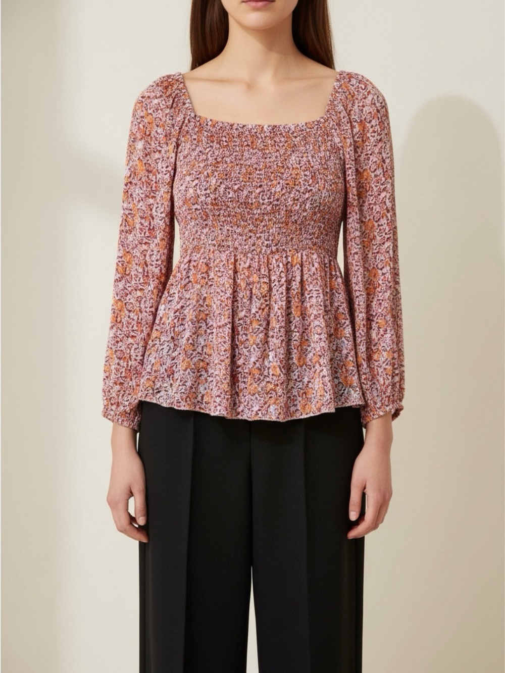 Smocked Square-Neck Floral Peplum Top - Pink Multi